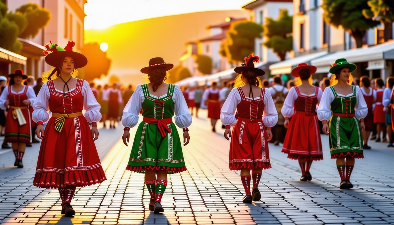 Participants vêtus de costumes traditionnels basques lors d'un festival, mettant en valeur des couleurs vives comme le rouge et le vert, dans une ambiance de festival en plein air au coucher du soleil.