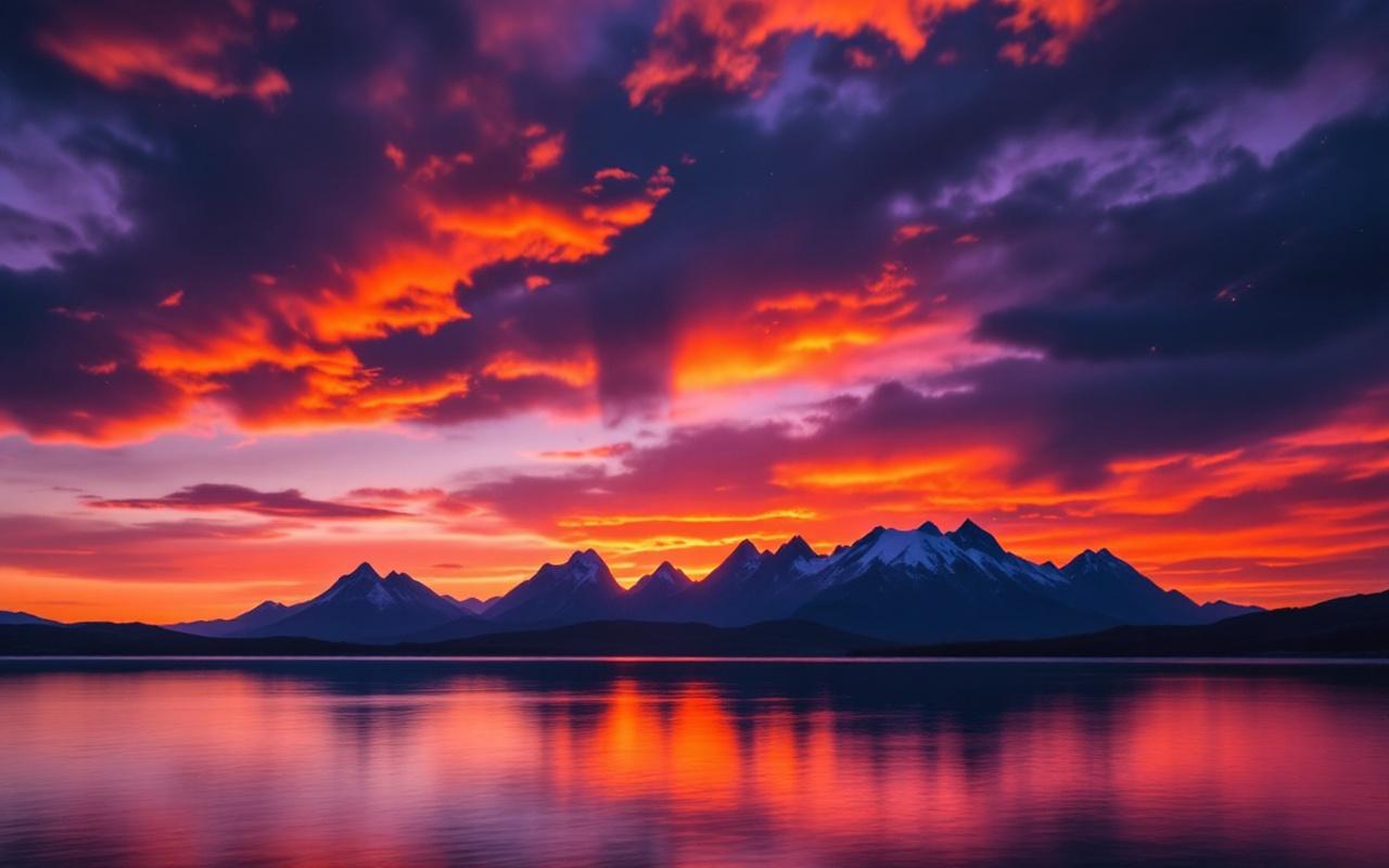Une photographie de paysage époustouflant au coucher du soleil, avec un ciel vibrant aux teintes orange et violette, des montagnes en silhouette au loin et un lac calme reflétant les couleurs du ciel.