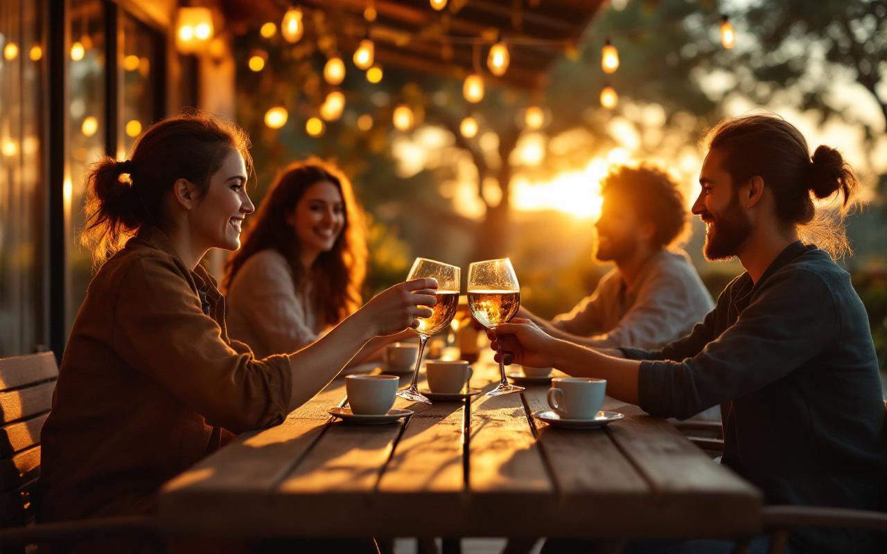 Plusieurs collègues trinquent sur une terrasse couverte et chaleureuse au coucher du soleil, lumière dorée volumétrique, guirlandes lumineuses, table en bois, verres levés et sourires détendus.
