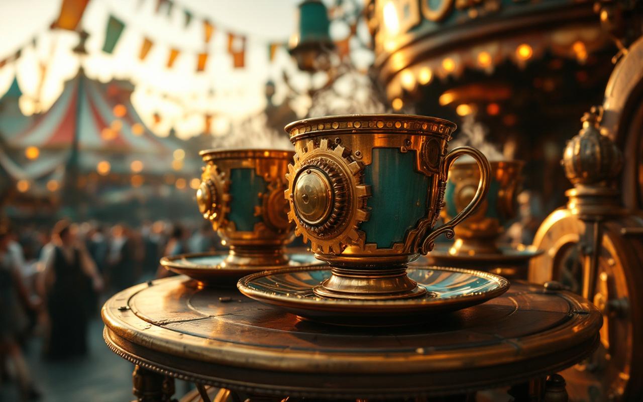 Manège steampunk avec tasses en laiton et cuivre sur une plateforme tournante, engrenages apparents et vapeur s'échappant, décor de fête foraine victorienne. Photo réaliste au coucher du soleil avec lumière volumétrique chaude, passagers en vêtements d'époque.