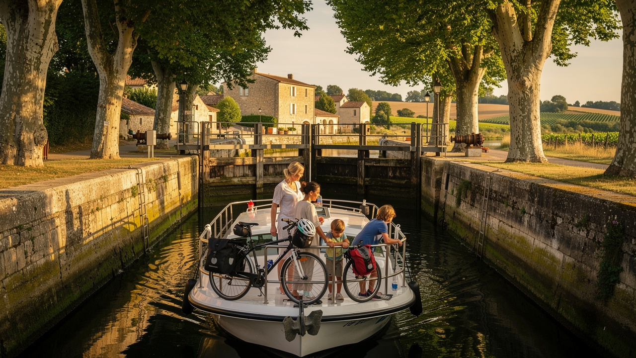Une famille traverse une écluse du Canal du Midi à bord d’une péniche de location, avec des vélos sur le pont, des platanes et un village du sud de la France en arrière-plan.